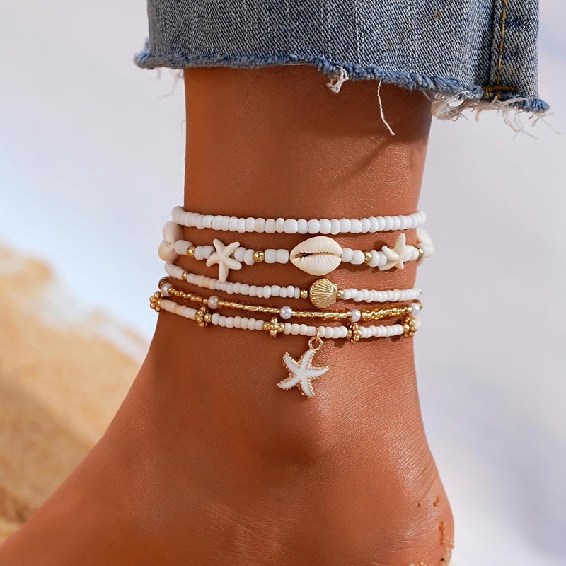 Shall Shell Boho Shell Ankle Bracelet Set for Women, 5 Pairs 14K Boho Bead Handmade Adjustable Anklet, Hawaiian Beach Seashell Starfish Foot Jewelry Gifts - Image 3